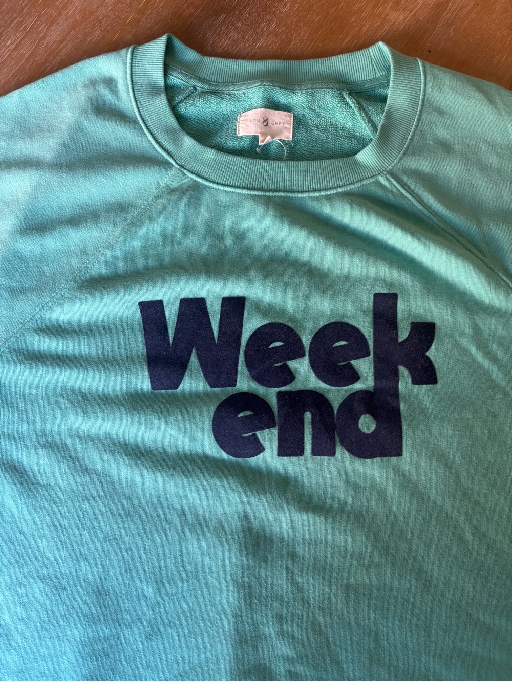 Lou & Grey Loft Teal Crewneck Sweatshirt with Navy "Weekend" Graphic